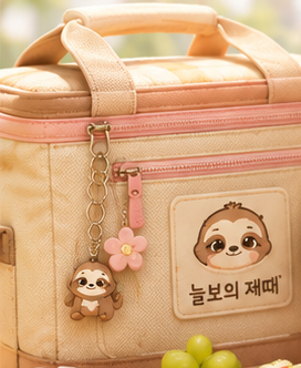 늘보의 제때 로고와 꽃 키링이 달린 커스텀 보냉백