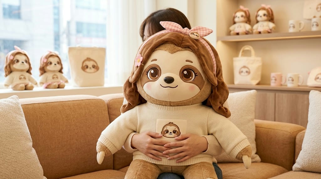 소파에서 루루 인형을 안고 있는 모습