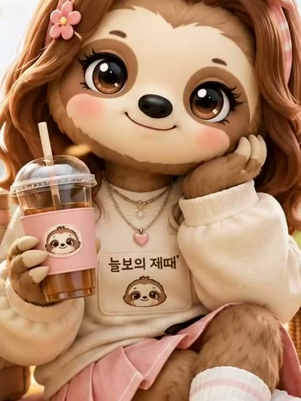 늘보의 제때 스웨터를 입고 피크닉 매트에 앉아 음료를 든 루루
