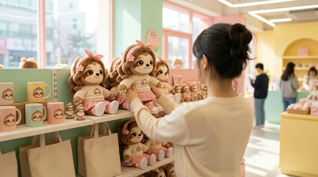 매장 진열대에 놓인 루루 인형과 굿즈를 살펴보는 모습